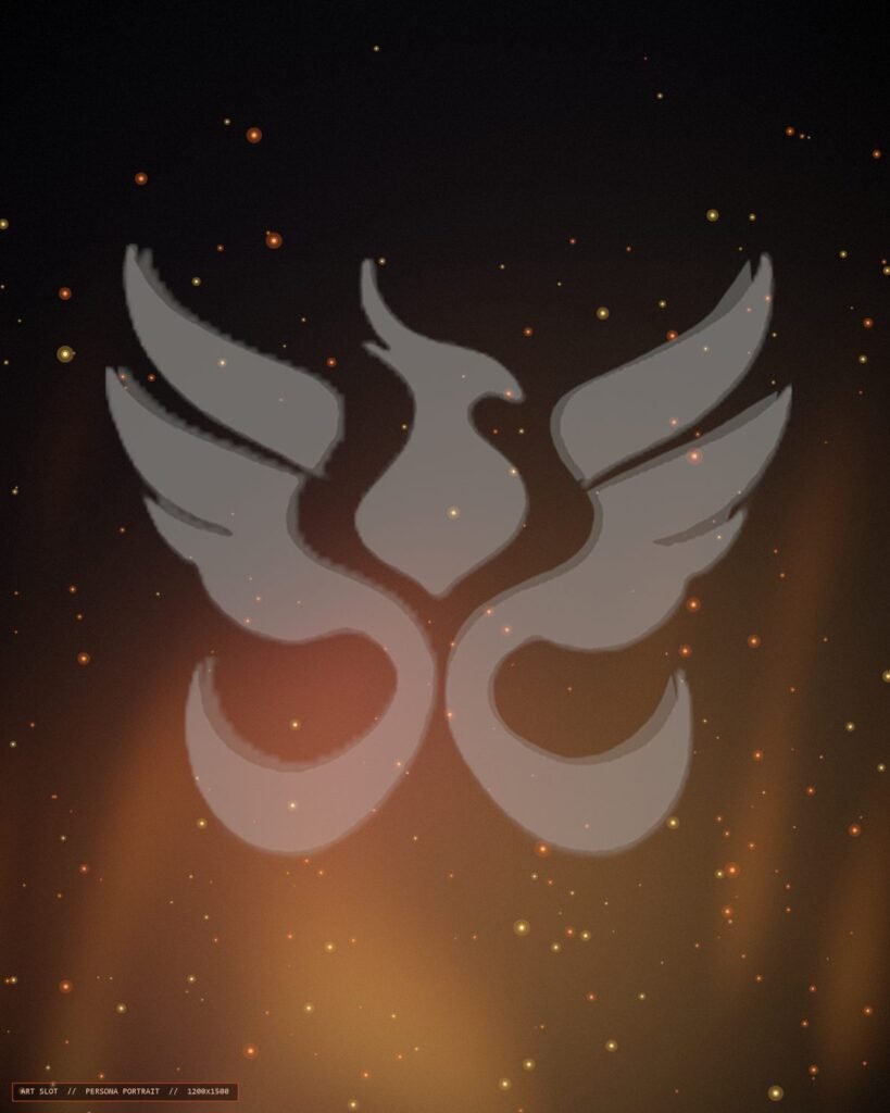 Pheeniks persona portrait: a masked figure lit by firelight
