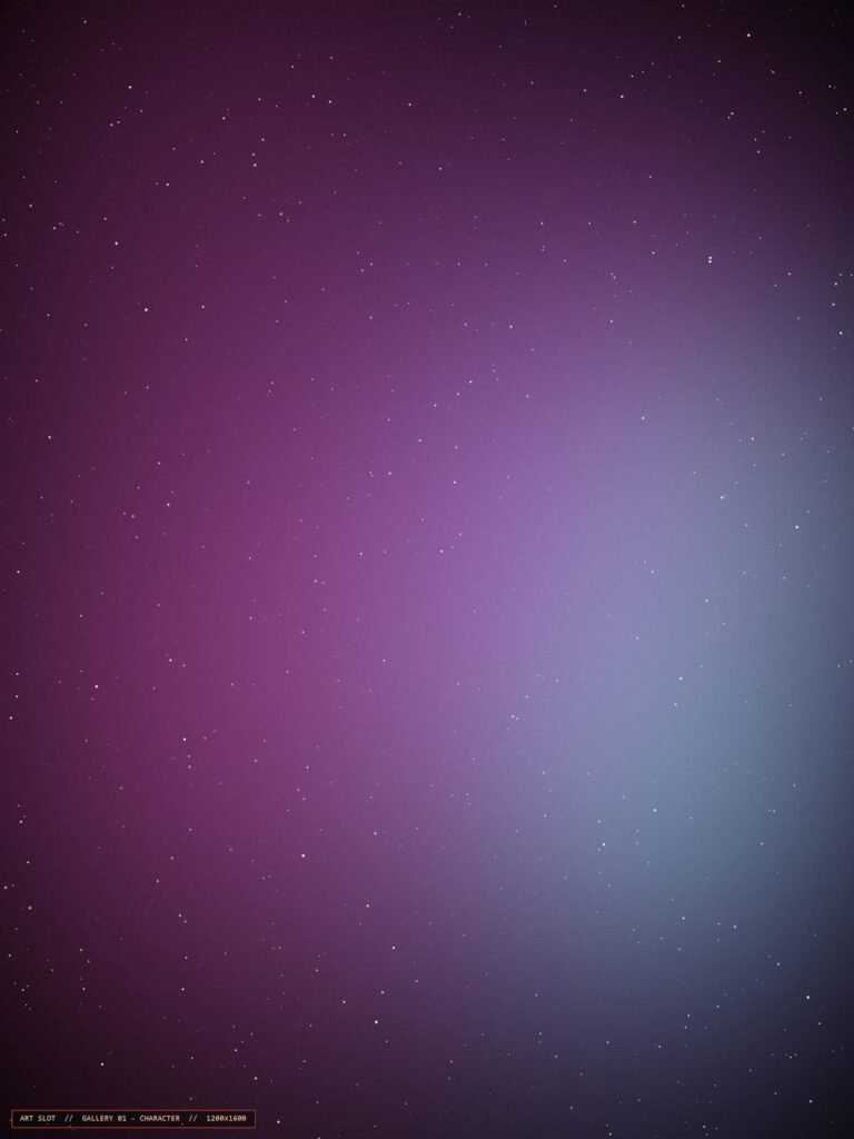 Character illustration in violet and cyan nebula tones