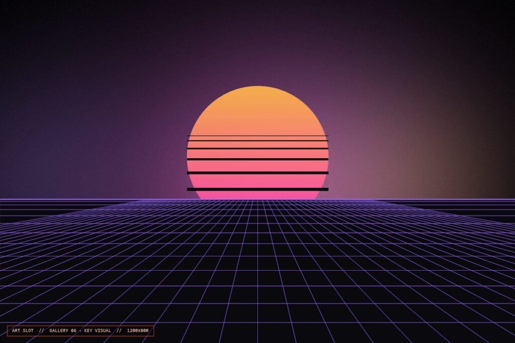 Anime-style key visual of a retro sunset over a neon grid