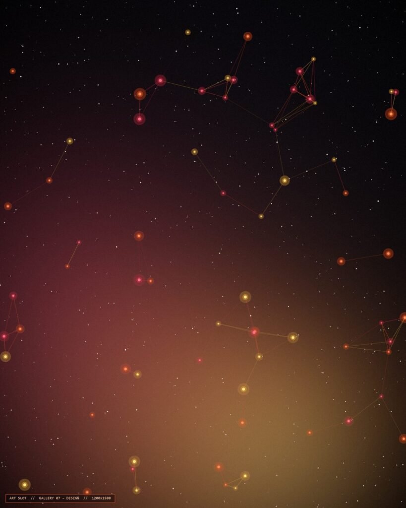 Graphic design piece: crimson node lattice on black