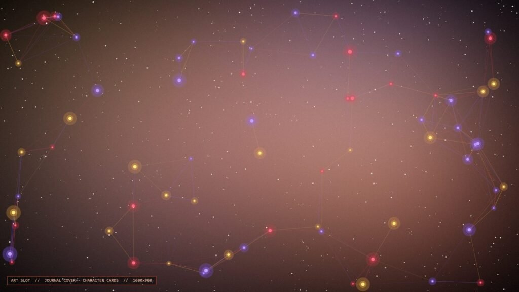 Abstract crimson and violet node network representing a character's personality map