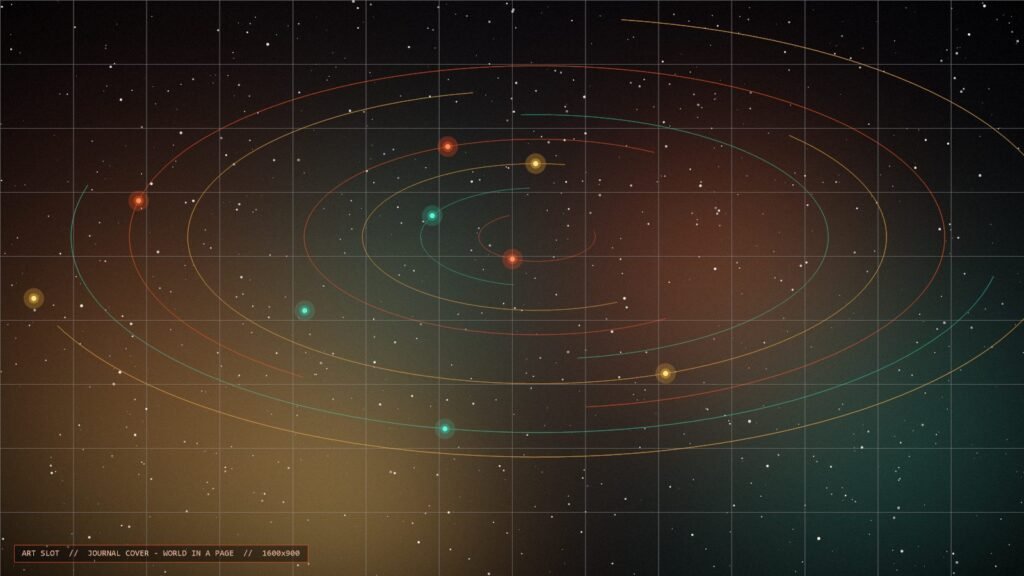 Golden orbital rings on a star chart representing a compact world map